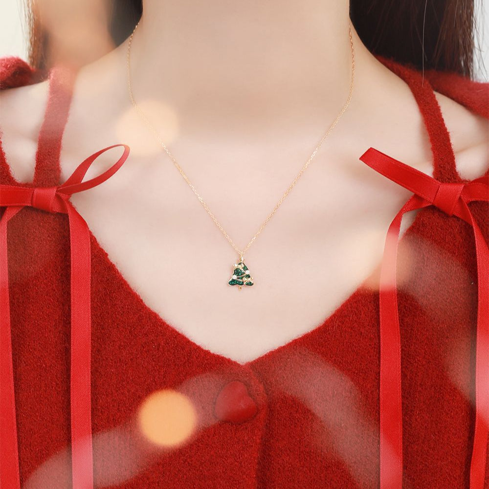 Christmas Tree Bow Pearl Pendant Necklace