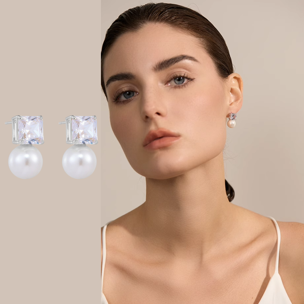 Cube Diamond 10mm Pearl Earrings