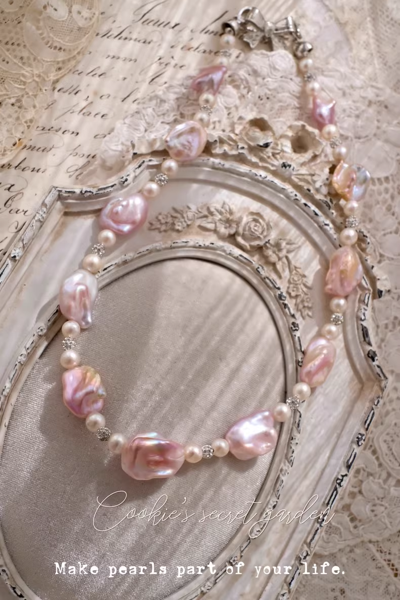 【Monet Garden Collection】 Handmade Strawberry Ice Shimmer Baroque Pearl Necklace