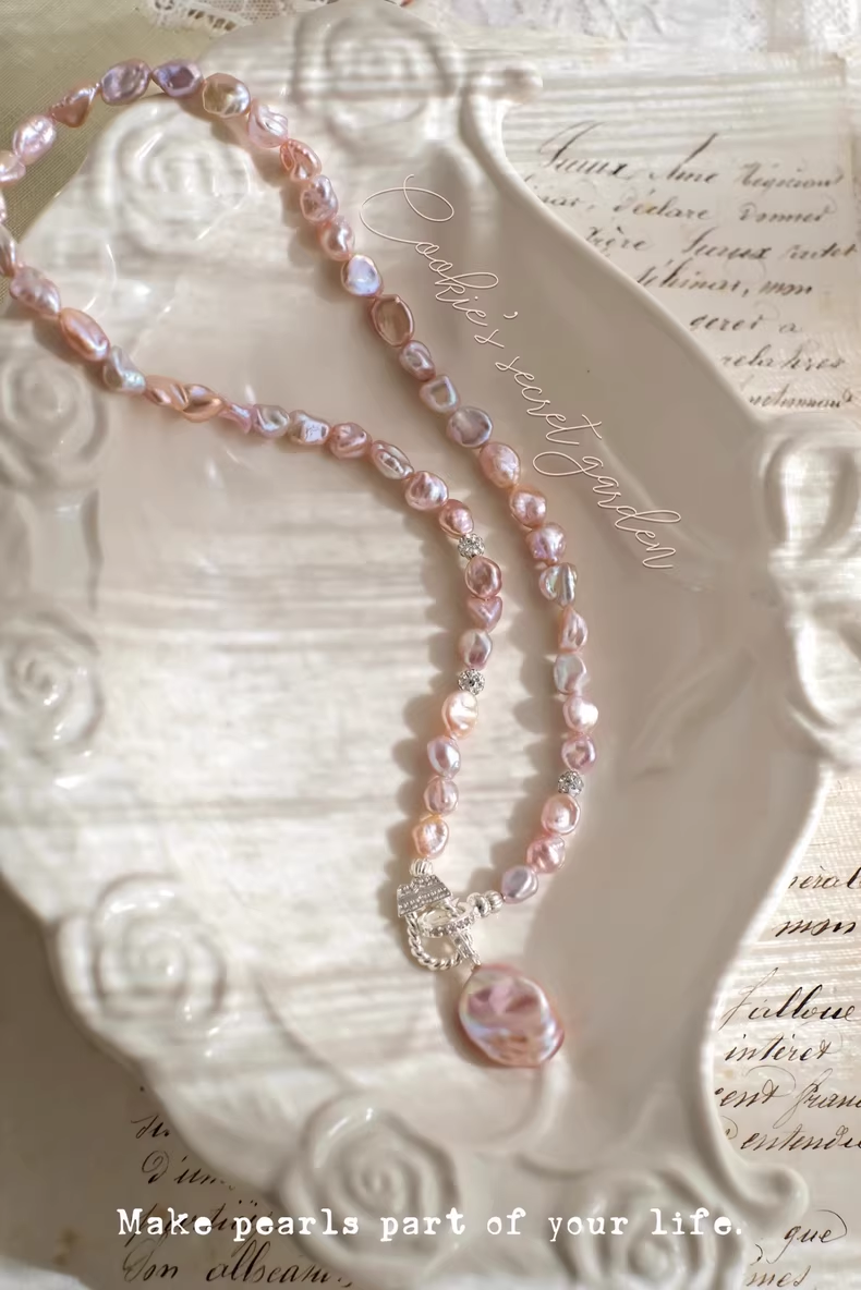 【Monet Garden Collection】 Handmade Sakura Baroque Pearl Necklace