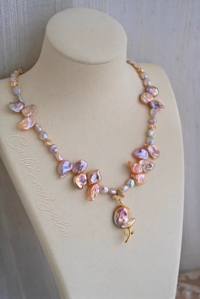 【Monet Garden Collection】 Handmade Glass Garden Baroque Pearl Necklace