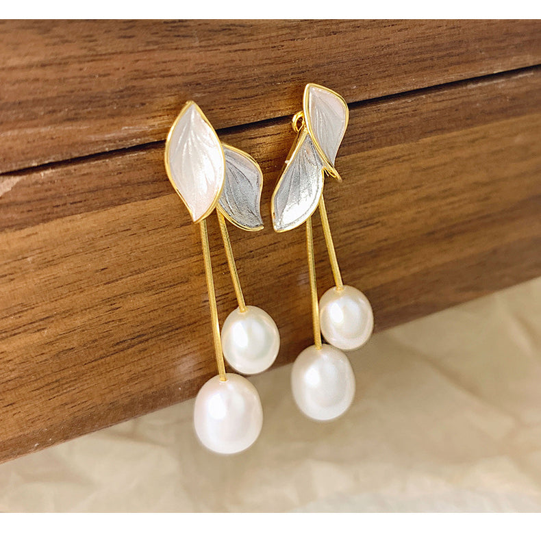 Leaves Tassel Pearl Dangle Earrings