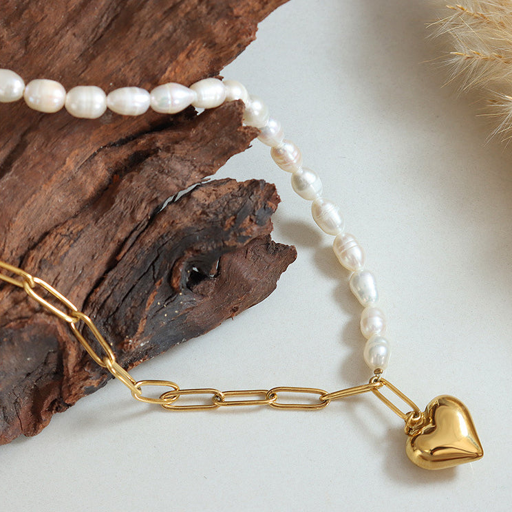 Half Paperclip Chain Half Freshwater Pearl Necklace With Heart Pendant