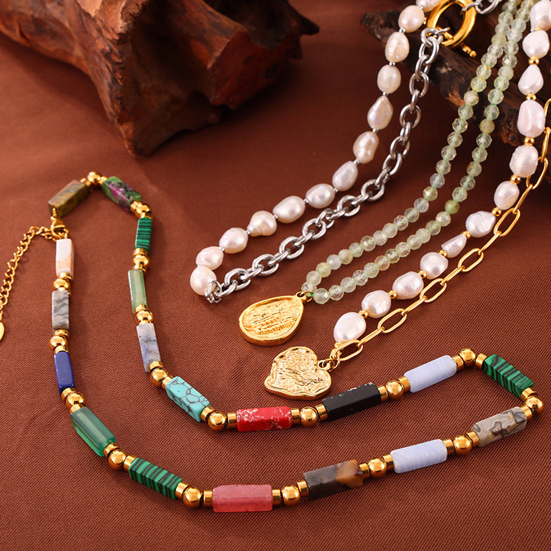 Colorful Jade Grape Stone Half Pearl Half Chain Necklace