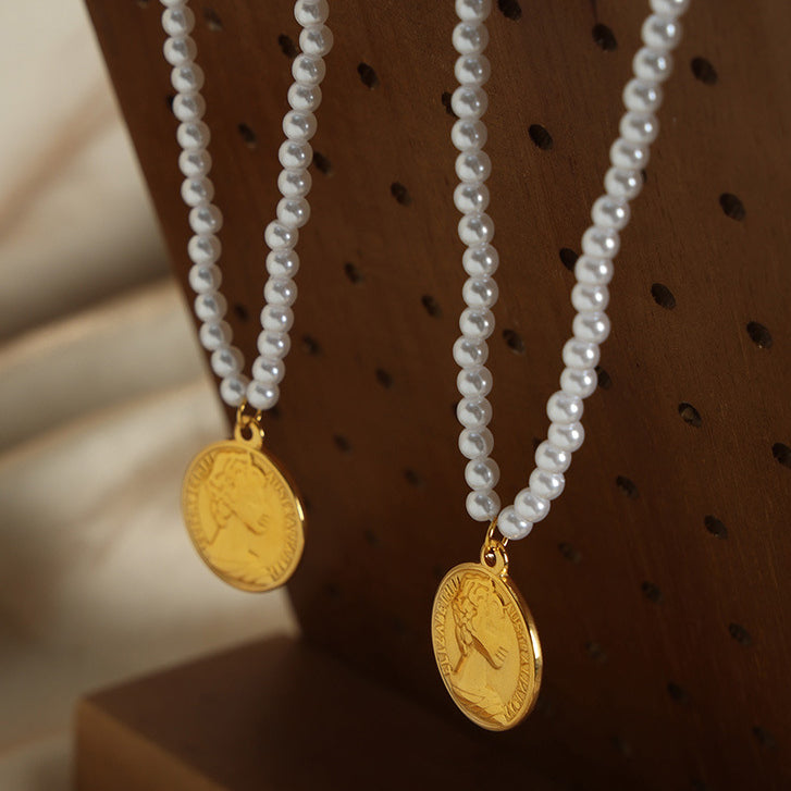 Pearl Necklace With Gold Round Portrait Pendant 