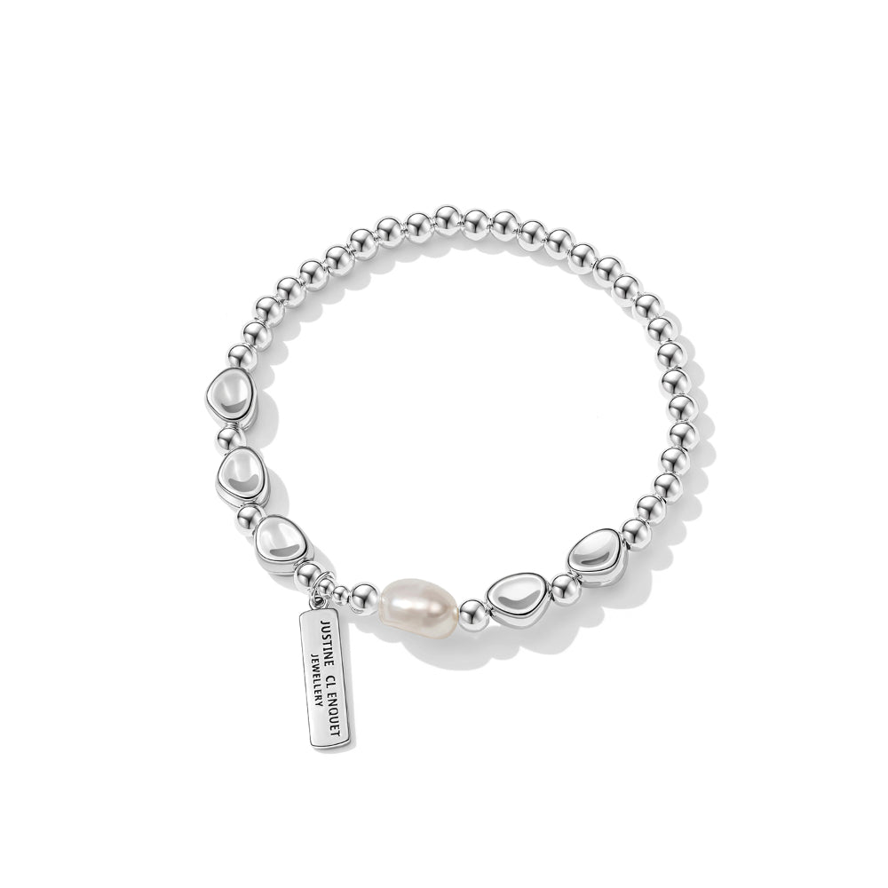 Rectangle Tag Silver Pearl Bracelet