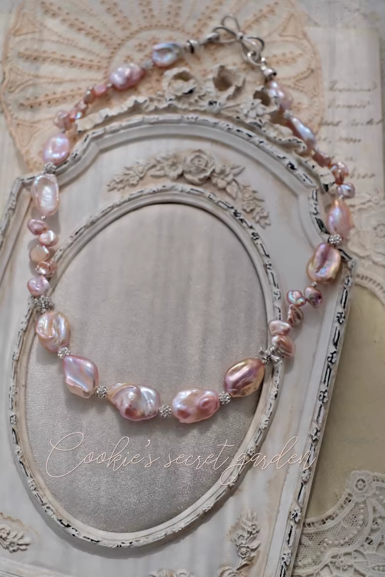 【Monet Garden Collection】 Handmade Ice Rose  Baroque Pearl Necklace