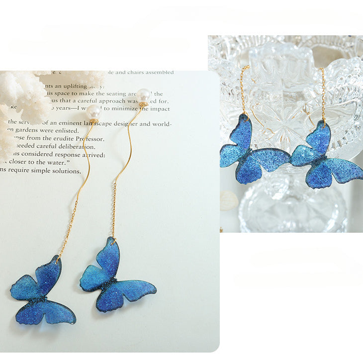 Pearl Drop Linear Blue Butterfly Earrings