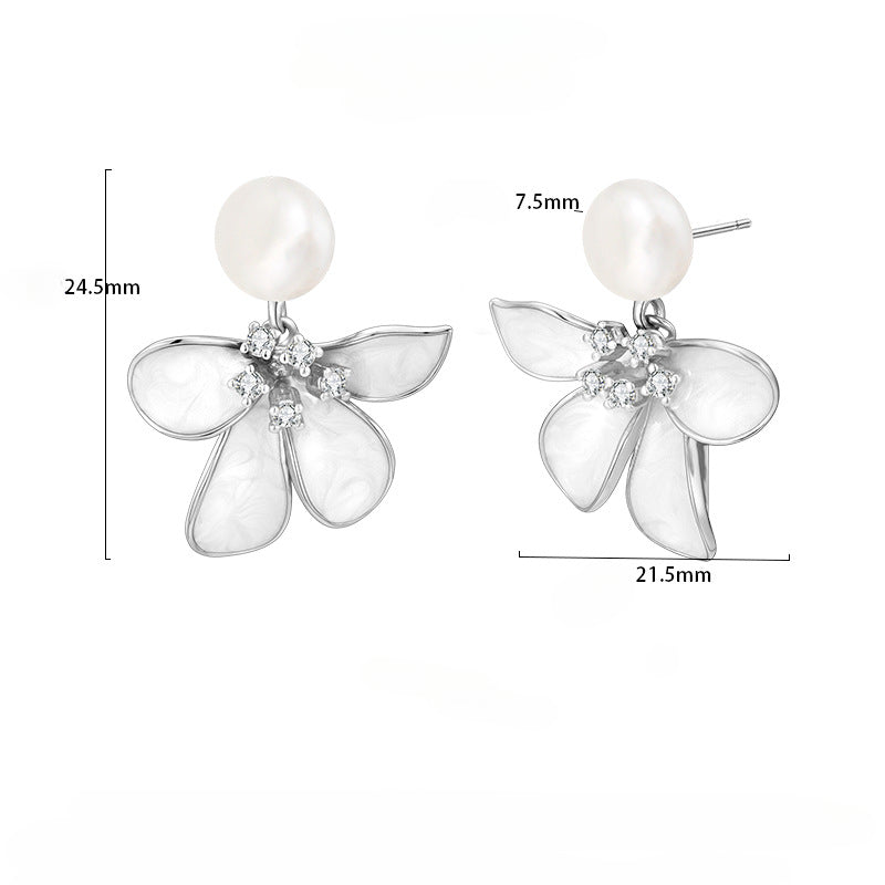 Enamel Flower Dangle Pearl Earrings