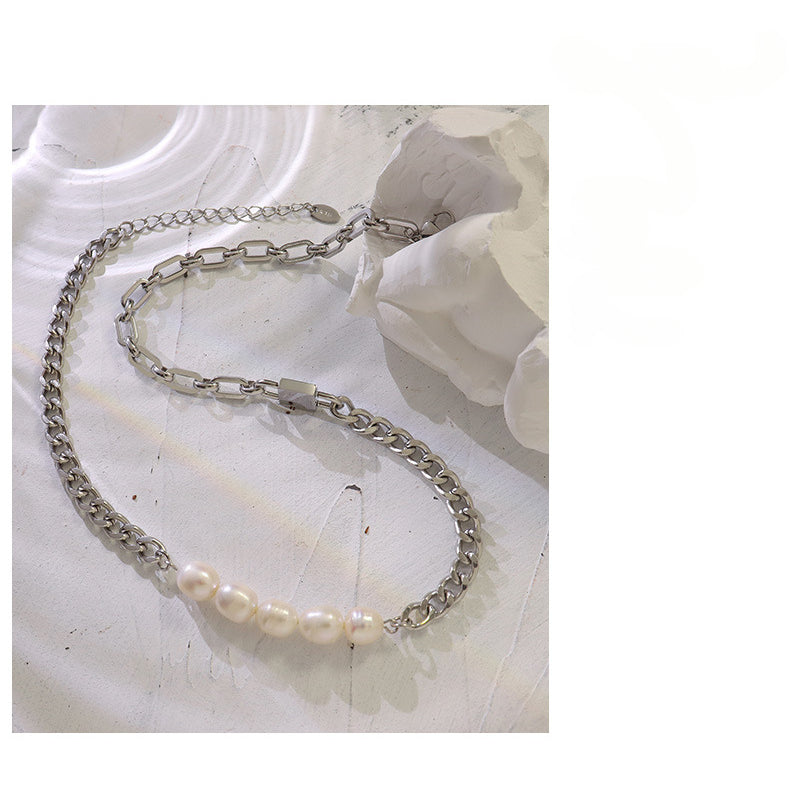 Hip Hop Unisex Pearls Stitching Thick Chain Necklace