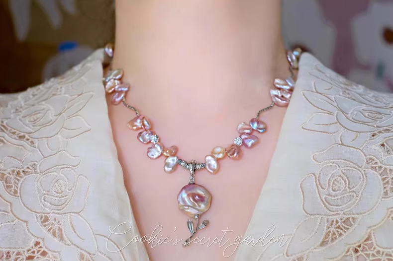 【Monet Garden Collection】Handmade Baroque Pearl Rose Pendant Necklace