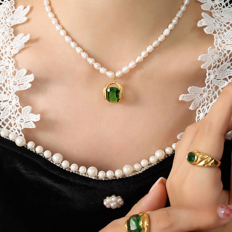 Hollow Enhancer Zircon Emerald  Pendant Freshwater Pearl Necklace