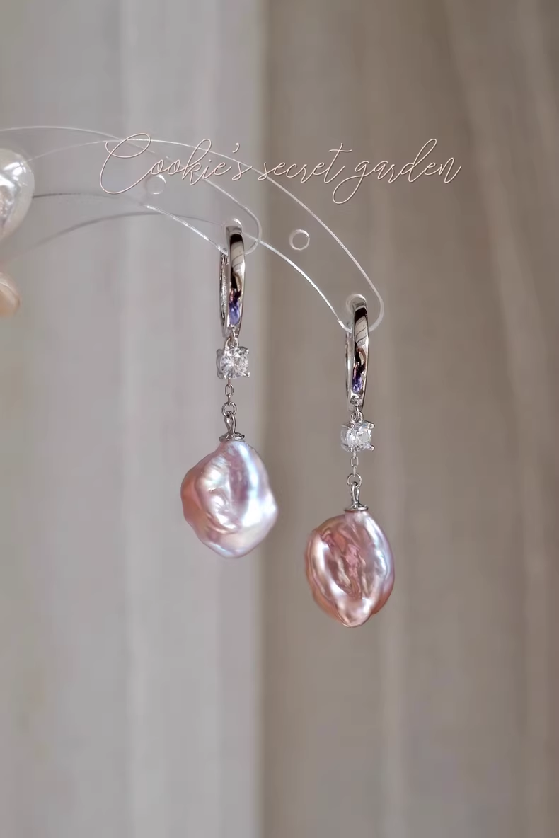 【Monet Garden Collection】 Handmade Silver Baroque Pearl Drop Earrings