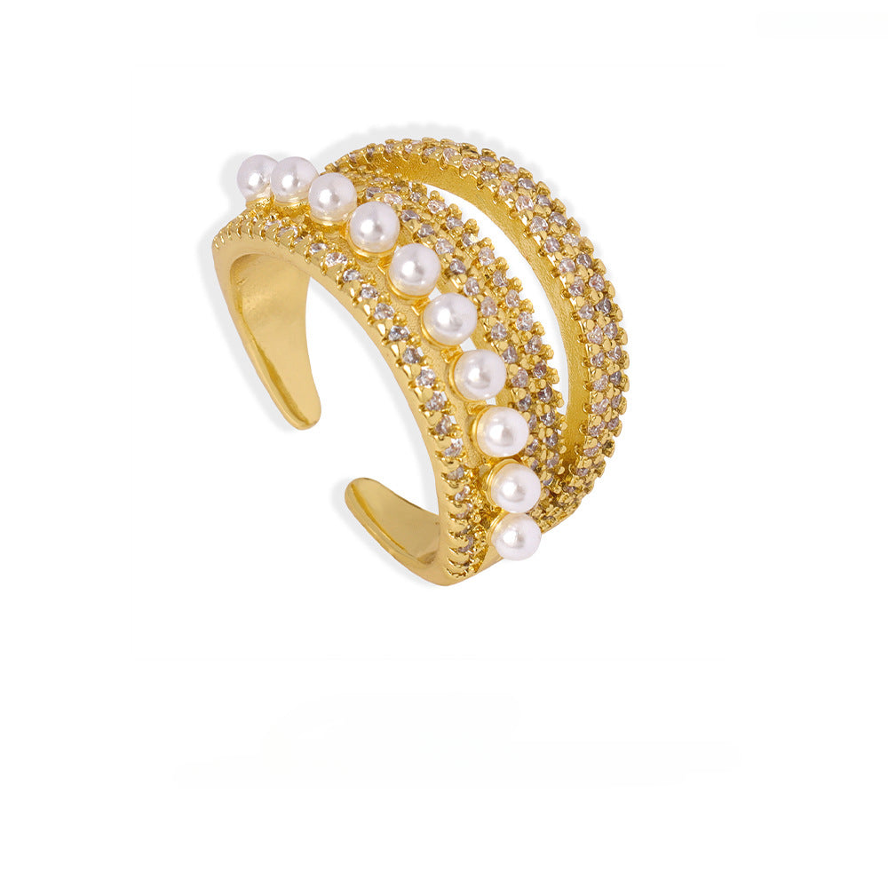 Open Diamond and Pearl Ring 