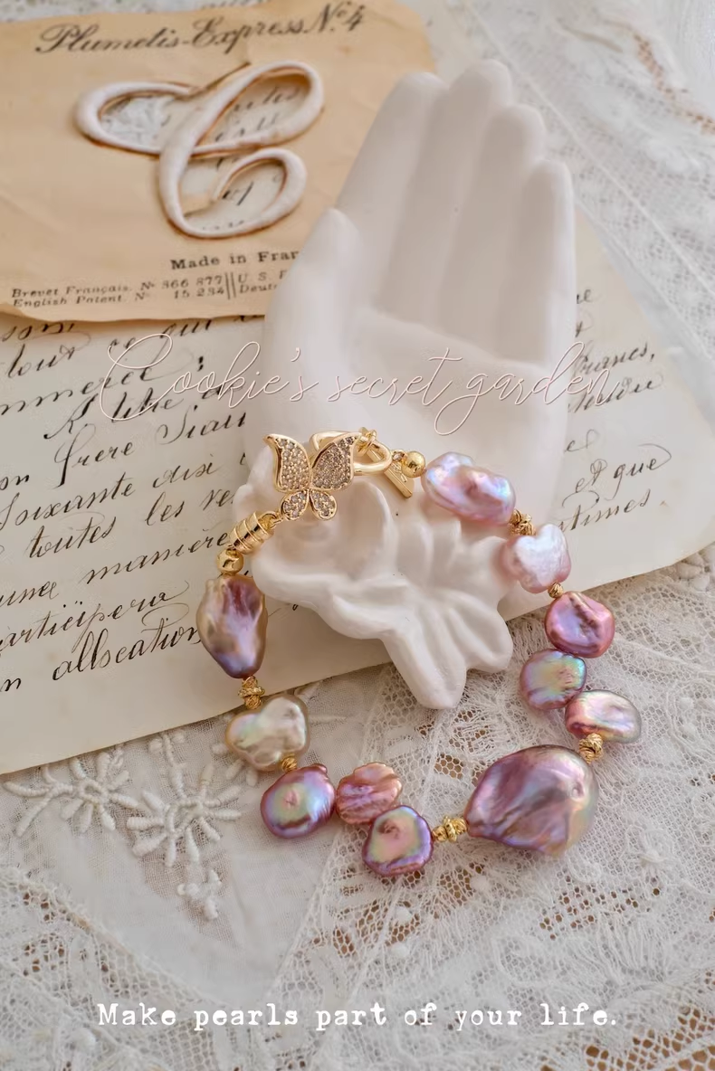 【Monet Garden Collection】 Handmade Butterfly Purple Baroque Pearl Bracelet