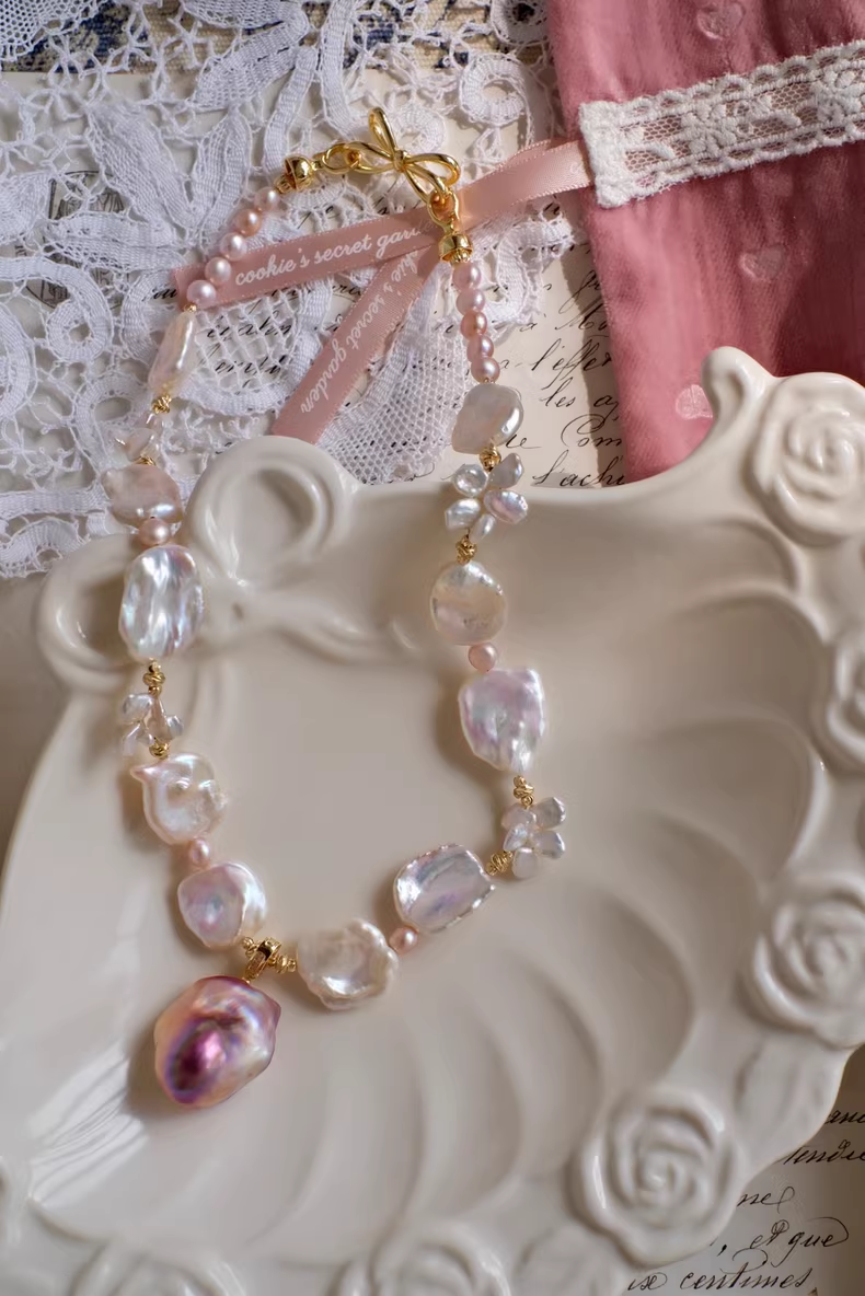 【Monet Garden Collection】 Handmade Cherry Jam Baroque Pearl Necklace