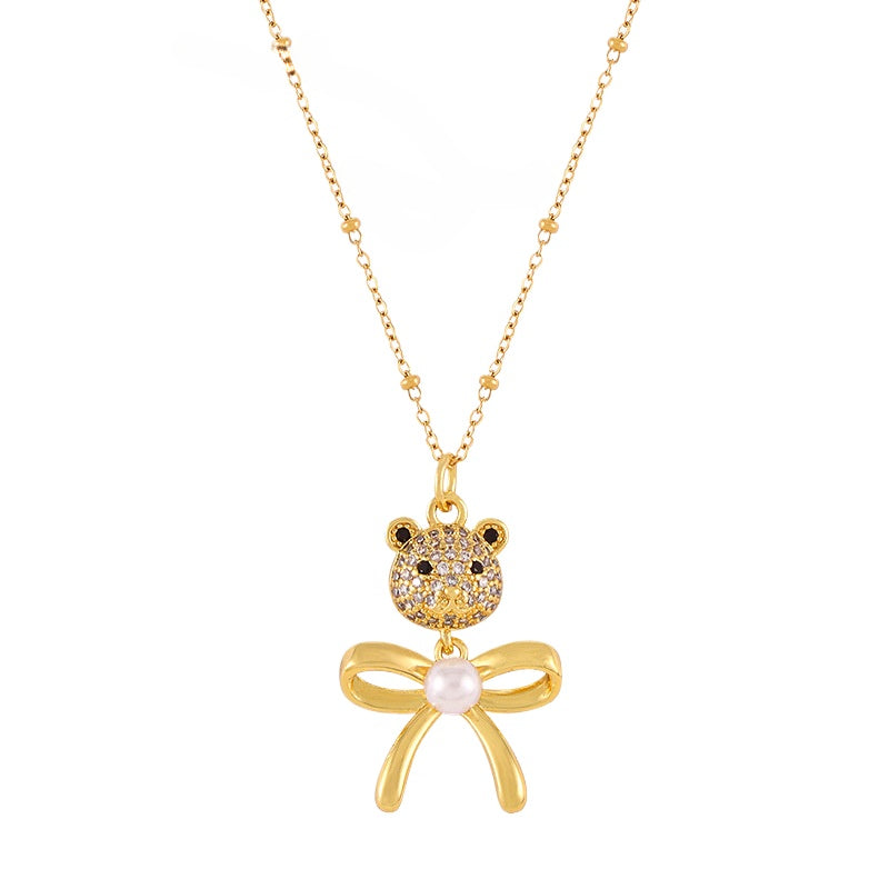 Pearl Bow Bear Necklace