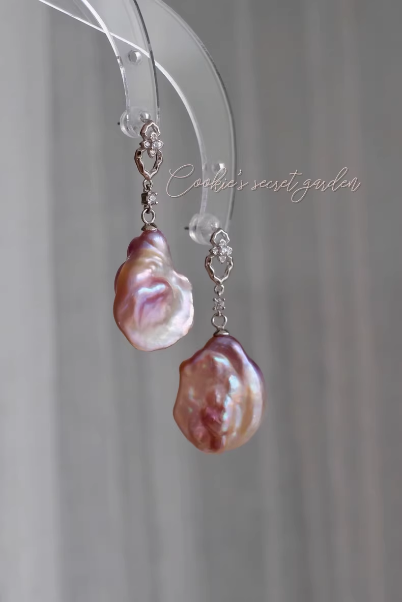 【Monet Garden Collection】 Handmade Pink-purple Baroque Pearl Earrings