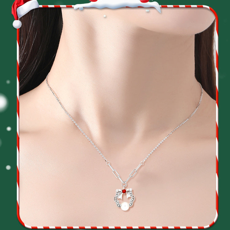 Christmas Wreath Bow Pearl Pendant Necklace