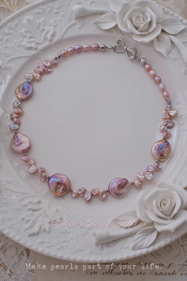 【Monet Garden Collection】 Handmade Rose Garden Baroque Pearl Necklace