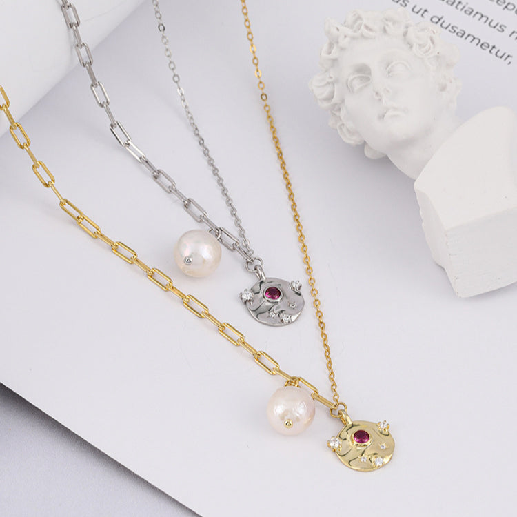 Pink Gem Round Pendant Pearl Charm Necklace