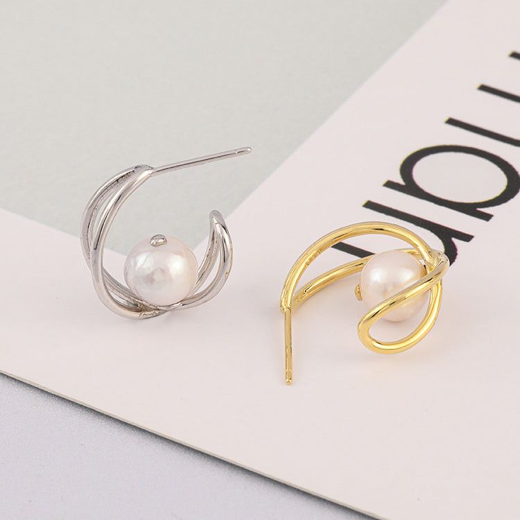 Geometric Pearl Stud Earrings