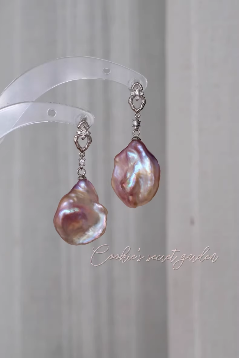 【Monet Garden Collection】 Handmade Pink-purple Baroque Pearl Earrings