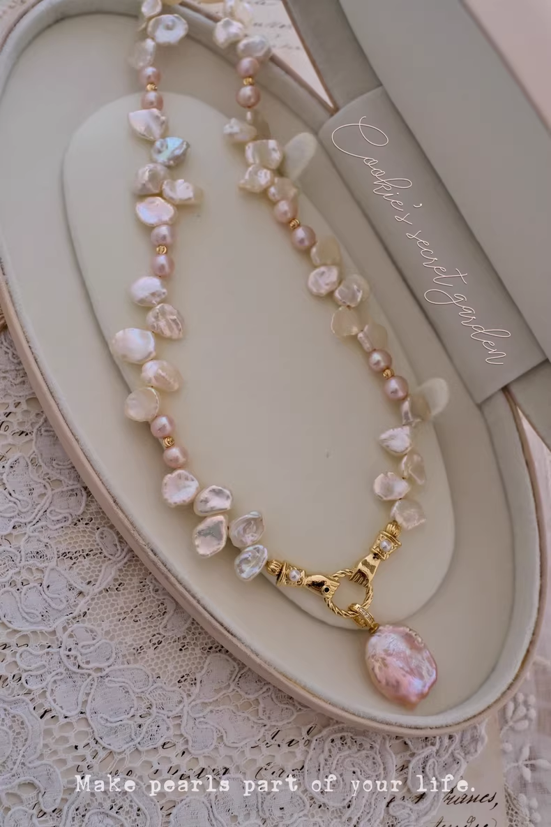 【Monet Garden Collection】 Handmade Pink Princess Baroque Pearl Necklace