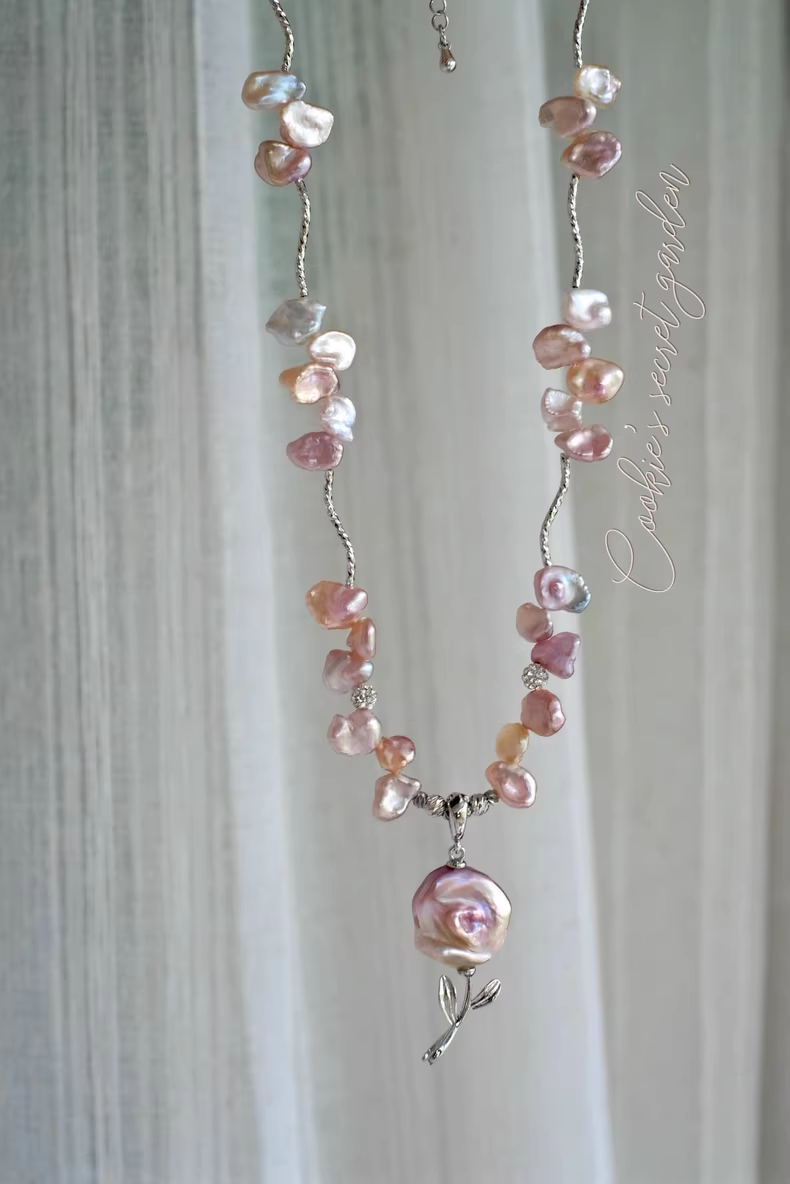 【Monet Garden Collection】Handmade Baroque Pearl Rose Pendant Necklace