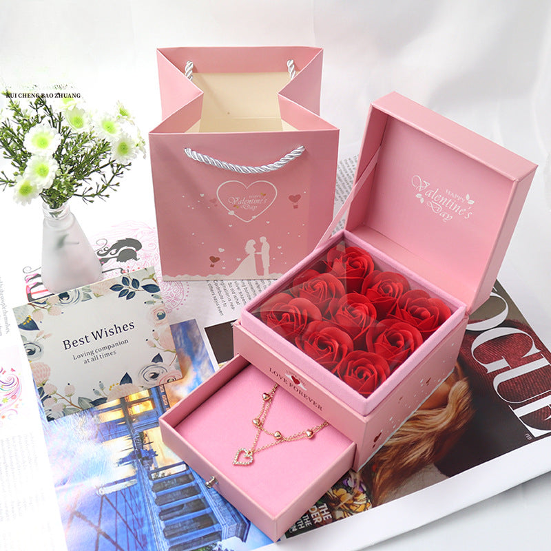 Dreamy Pink 9 Roses Preserved Flower Ring Earring Necklace Jewelry Box