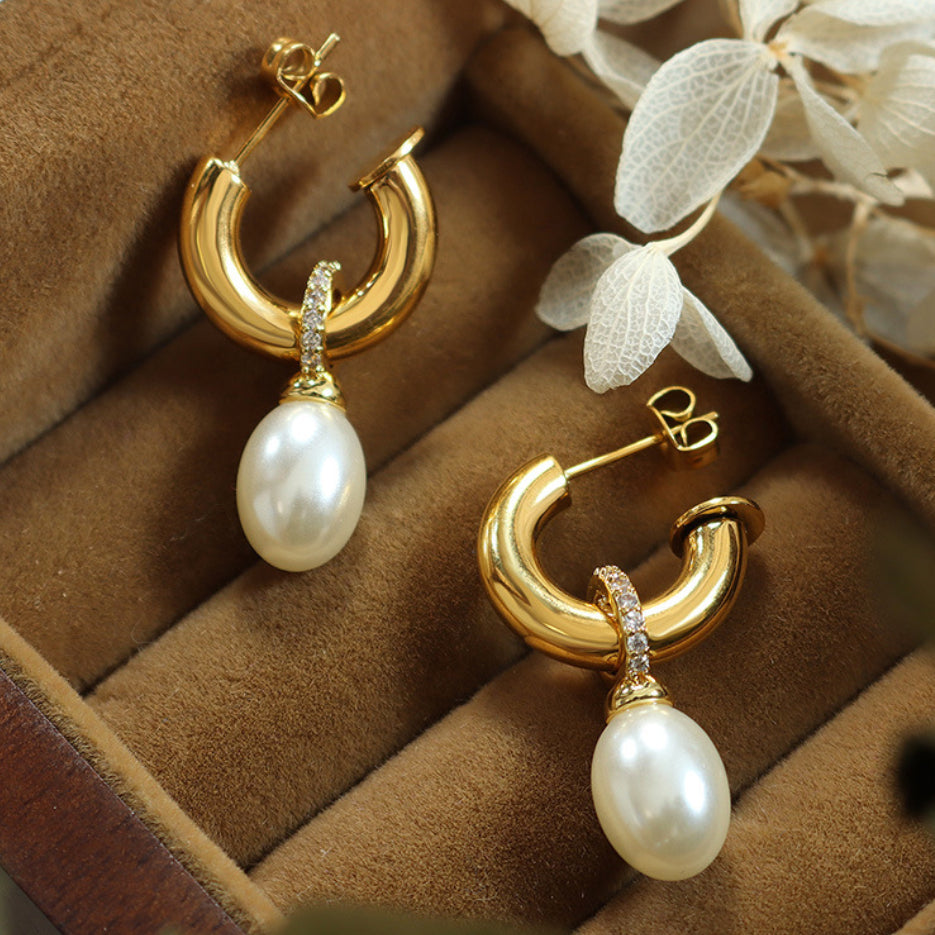 Zircon And Oval Pearl Drop Earrings