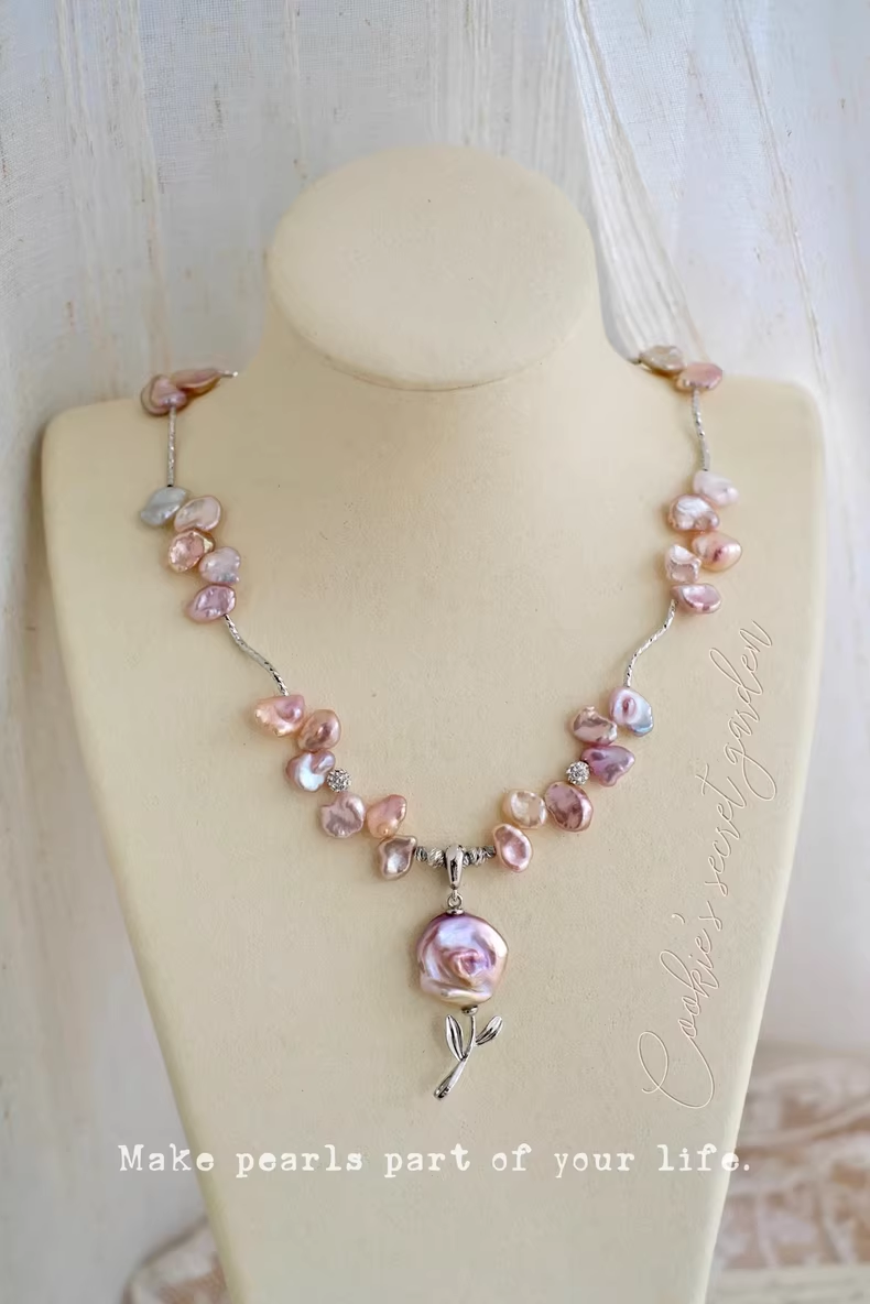 【Monet Garden Collection】Handmade Baroque Pearl Rose Pendant Necklace