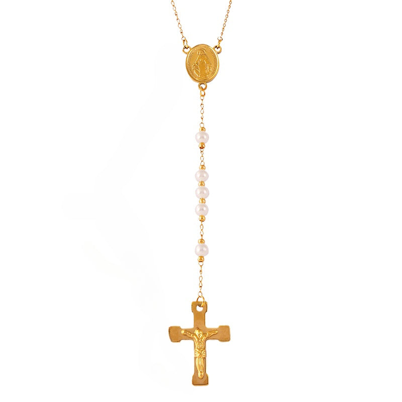 Jesus Cross Pendant Long Pearl Necklace