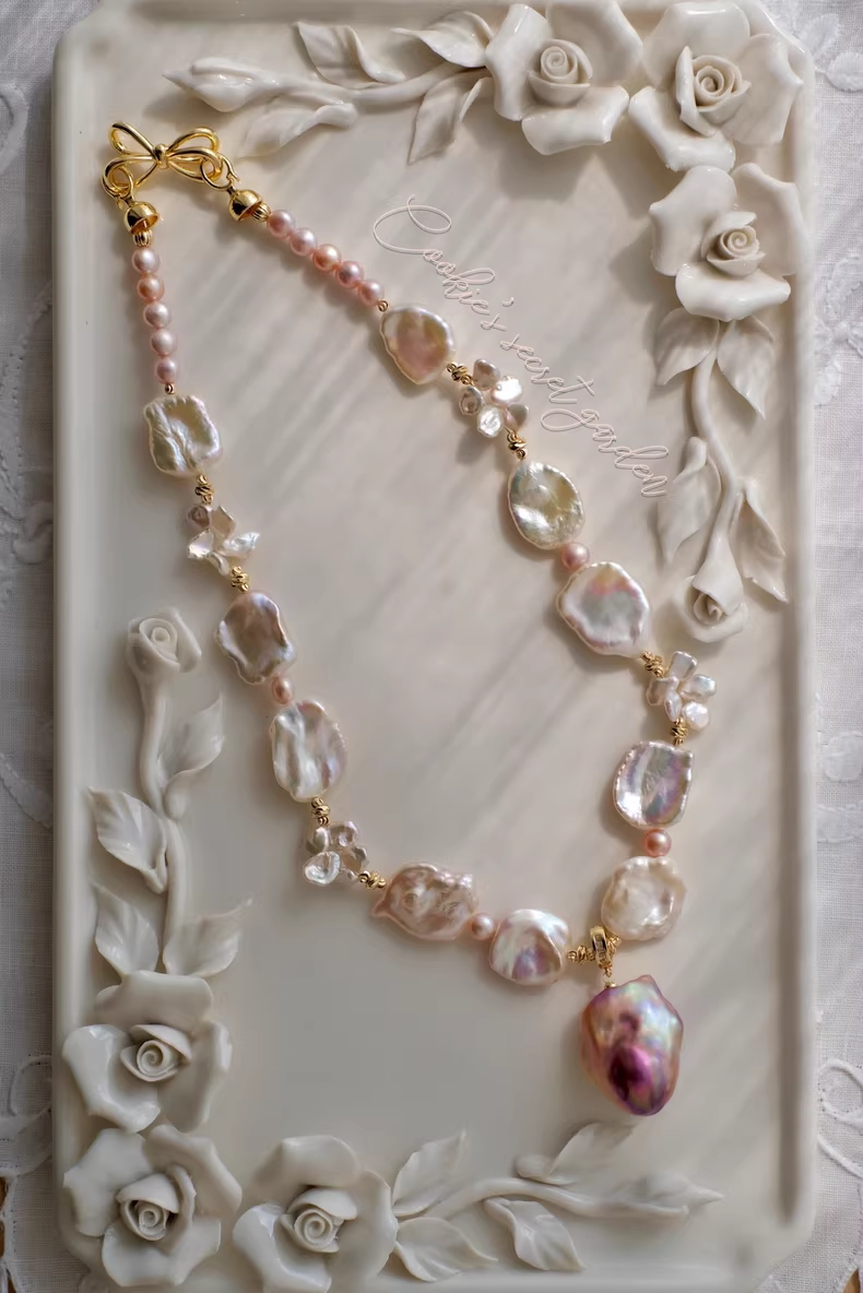 【Monet Garden Collection】 Handmade Cherry Jam Baroque Pearl Necklace