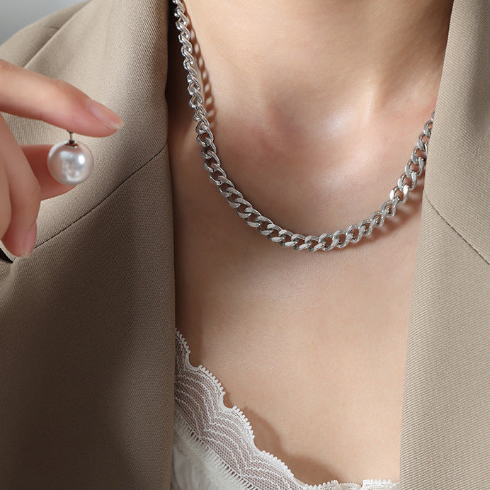 Silver Cuban Chain With A Detachable Pearl Pendant Necklace