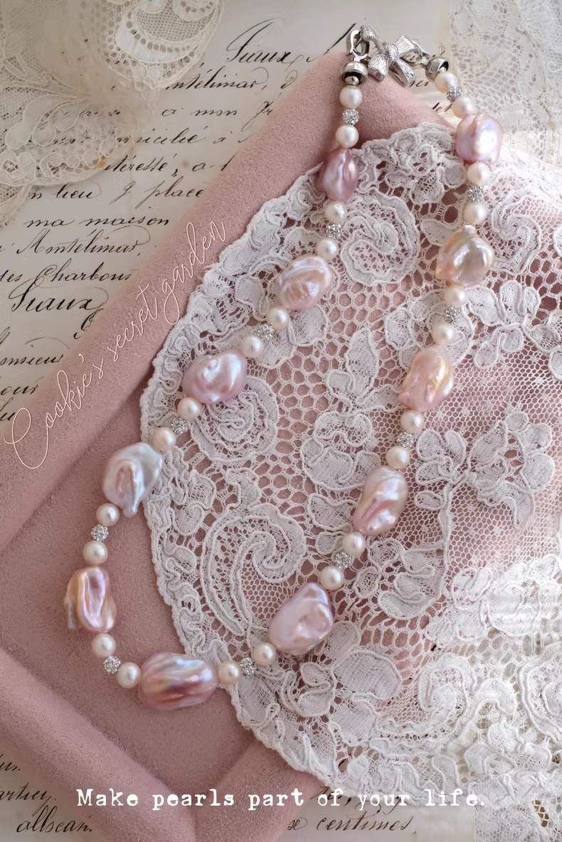 【Monet Garden Collection】 Handmade Strawberry Ice Shimmer Baroque Pearl Necklace