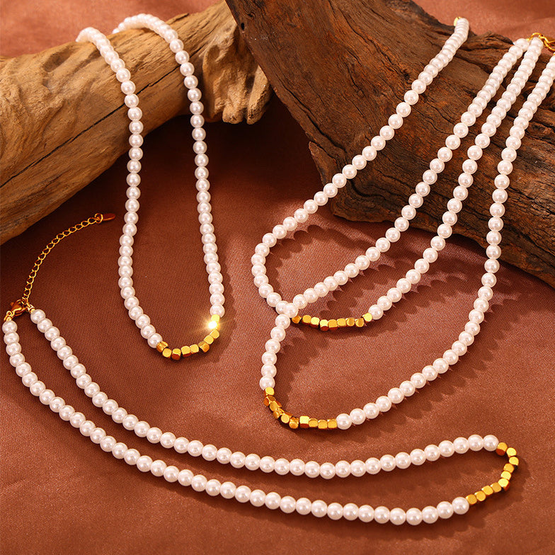 Fashion Simple Cube Splicing Pearl Necklace