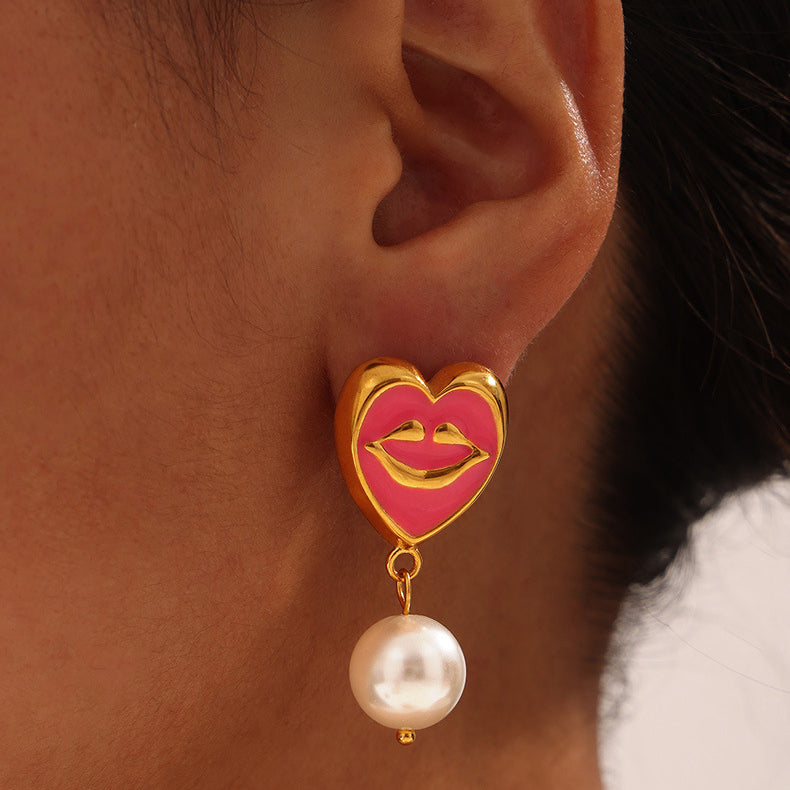 Enamel Glaze Smile Heart Mouth Pearl Drop Earrings