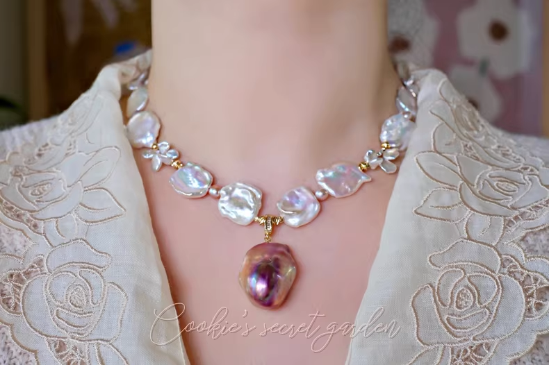 【Monet Garden Collection】 Handmade Cherry Jam Baroque Pearl Necklace