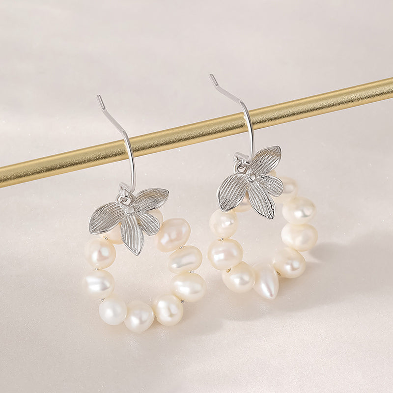 Leaf and Pearl Hook Earrings