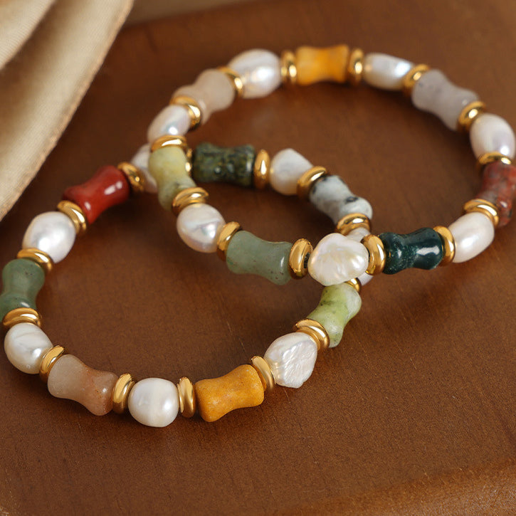 Natural Color Stone and Baroque Pearl Bracelet 