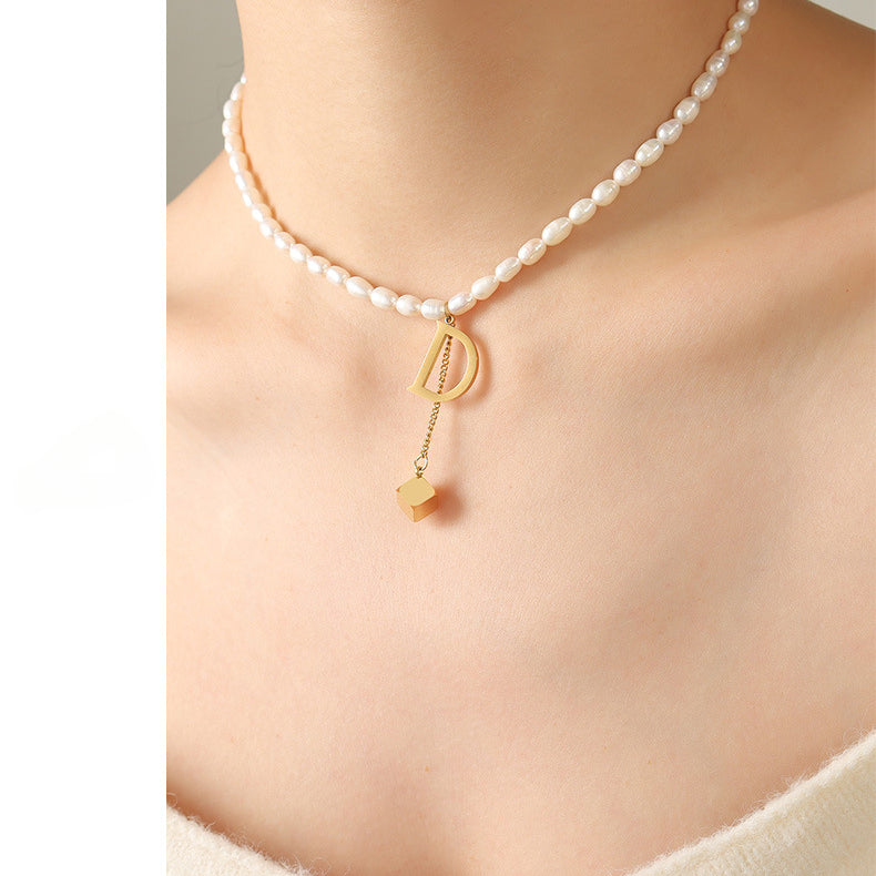 Letter D Gold Cube Drop Pendant  Freshwater Pearl Necklace