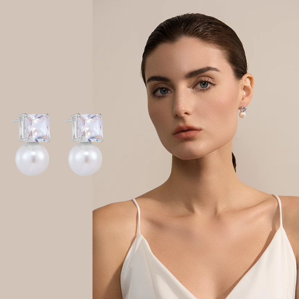 Cube Diamond 10mm Pearl Earrings