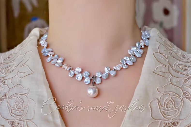 【Monet Garden Collection】 Handmade Mermaid Blue Baroque Pearl Necklace