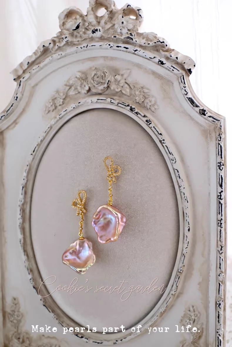 【Monet Garden Collection】 Handmade Yuru Bow Baroque Pearl Drop Earrings