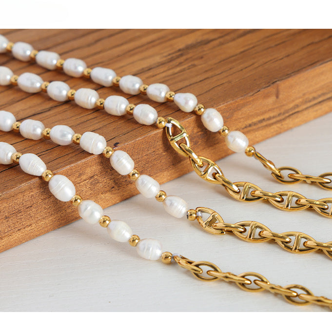 Freshwater Pearl Splicing Gold Thick Geometric Chain Necklace 