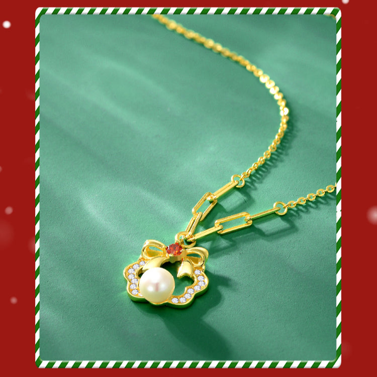 Christmas Wreath Bow Pearl Pendant Necklace