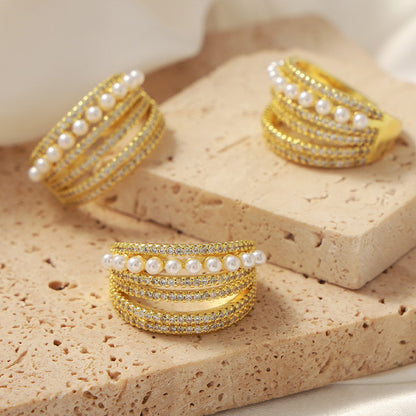 Open Diamond and Pearl Ring 