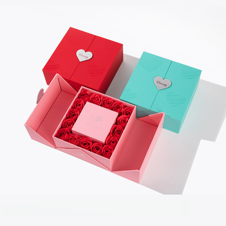 16 Roses Preserved Flower Heart Magnetic Closure Ring Earring Necklace Set Jewelry Box