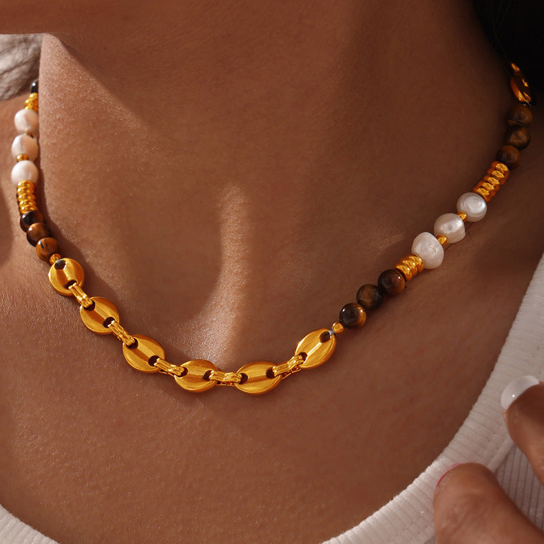 Maillard Necklace Tiger Eye's Stone Agate Pearl Necklace